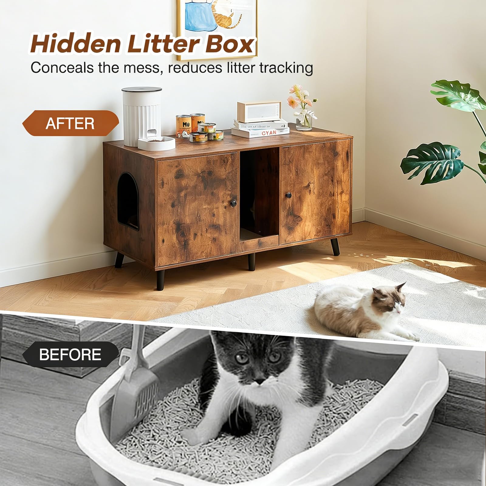 Litter Box Furniture for 2 Cats - Farmhouse Hidden Cat Litter Box Enclosure Cabinet Furniture Double Room, 42.3" TV Stand Side End Table Large Space for 2 Cats, Rustic Brown - image 5