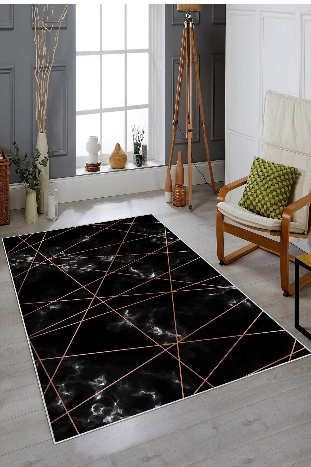 Pelangi Siyah Bordo Çizgili Yıkanabilir Kaymaz Taban Leke Tutmaz Modern Salon Halısı Ve Yolluk, Siyah-Rose Gold 180 x 280, 135807318028005
