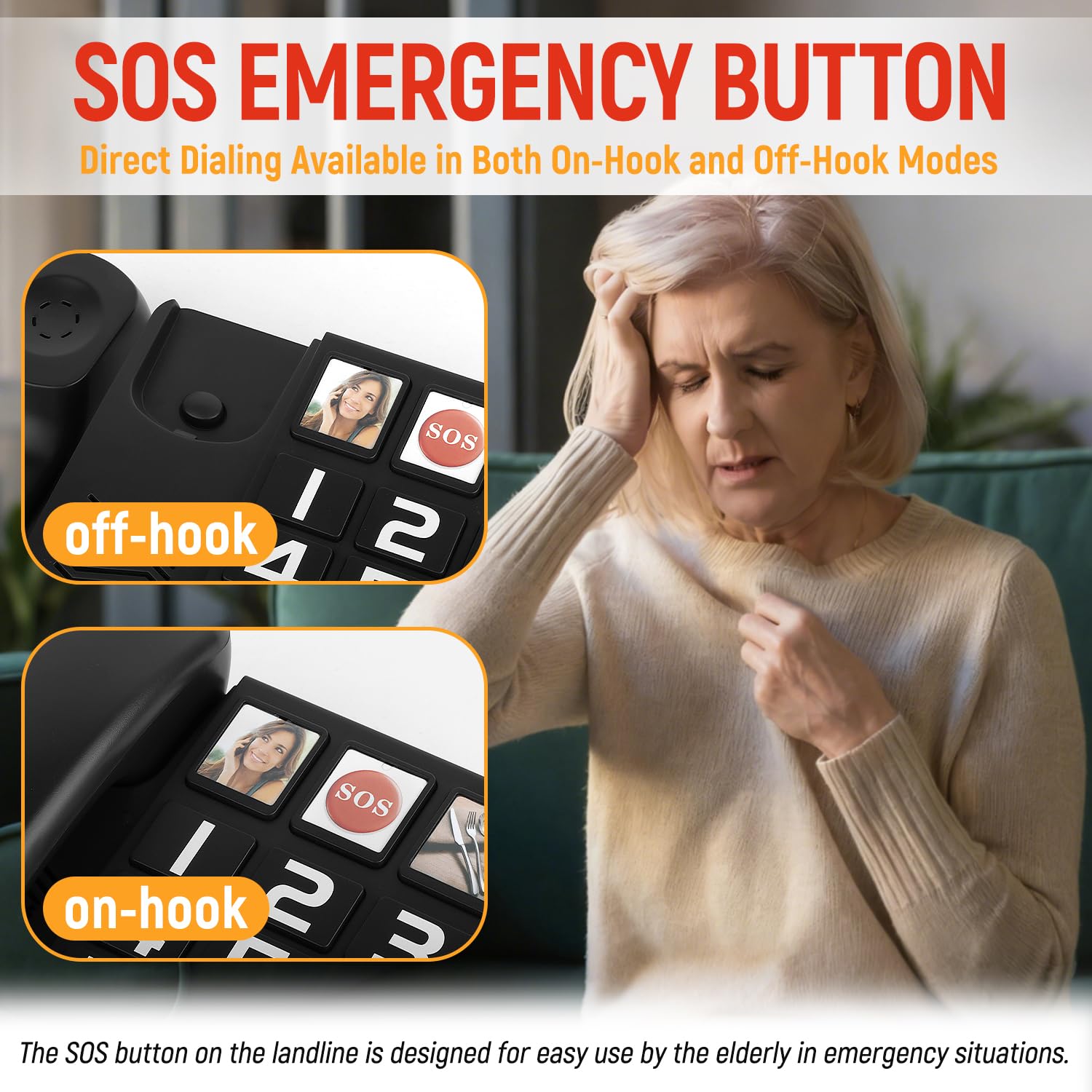 Téléphone fixe à gros boutons pour personnes âgées, téléphone Uvital pour personnes âgées avec 3 numérotation à une touche, ligne fixe filaire avec bouton d'urgence SOS, volume réglable, fonction