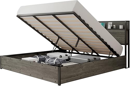 Miniatura 8 de Cama de almacenamiento elevable de tamaño matrimonial, marco de cama de plataforma de madera con cabecera de almacenamiento y estación de carga, no