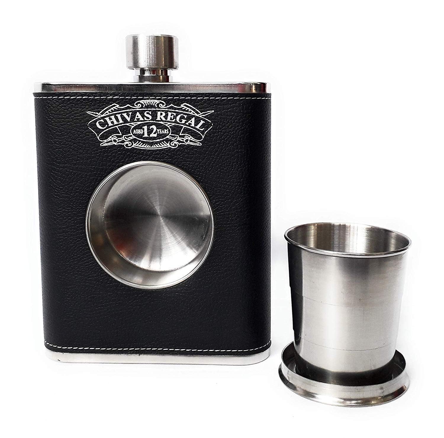 Black Leather Stainless Steel Hip Flask with Collapsible Shot Glass, Compact Folding Glass, Black Flask 18 OZ-image-24