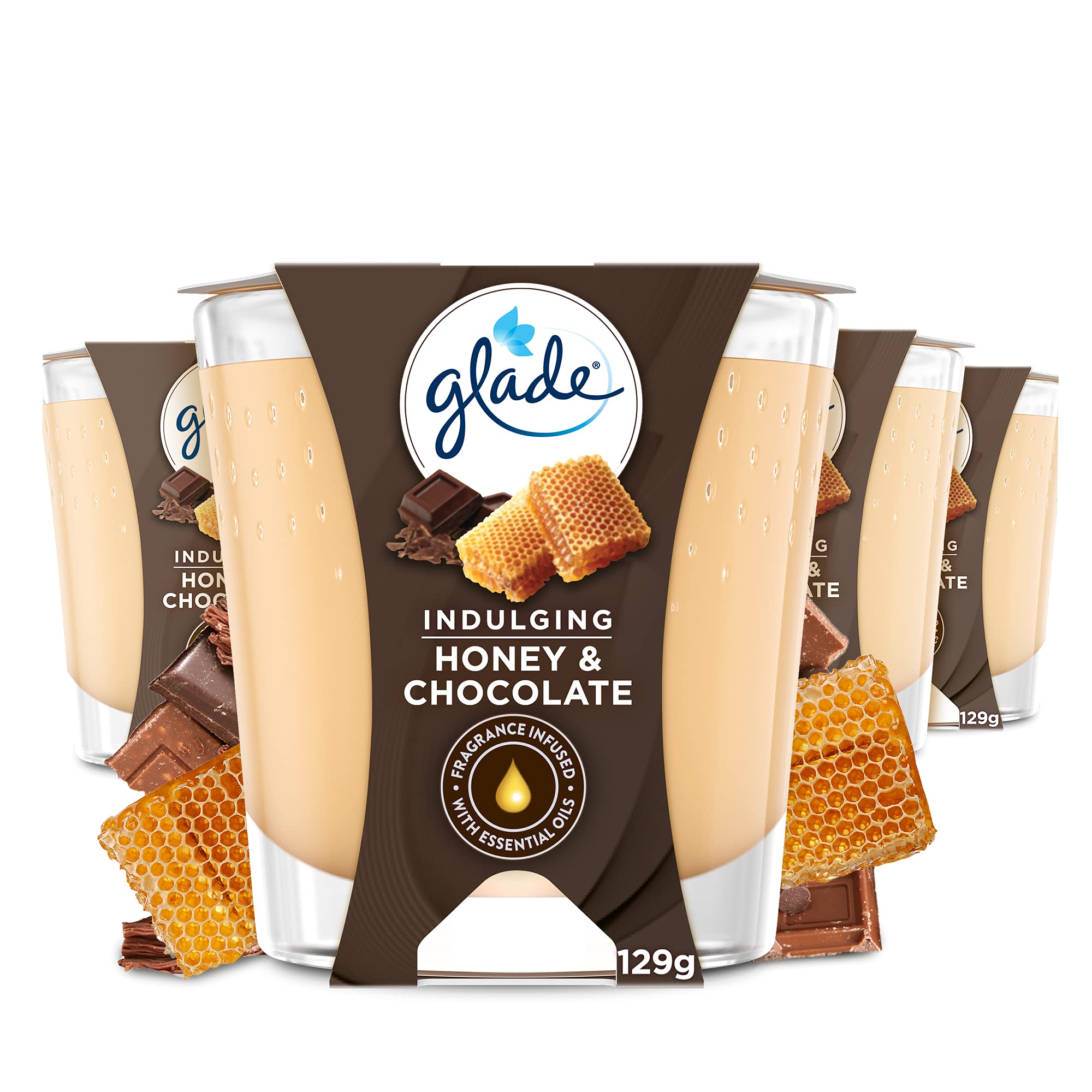 gladeJar Candle, Scented Candle Infused with Essential Oils, Up to 42 Hour Burn Time, Honey & Chocolate, Pack of 4 (4 x 129g)
