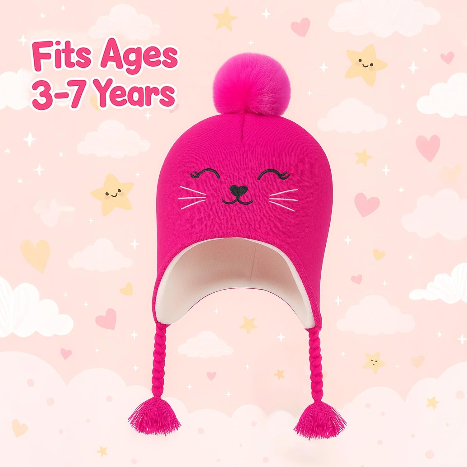 Toddler Girls Cat Ear Winter Hat Warm Knit Beanie Kids Earflap Cap for Cold Weather - Image 4