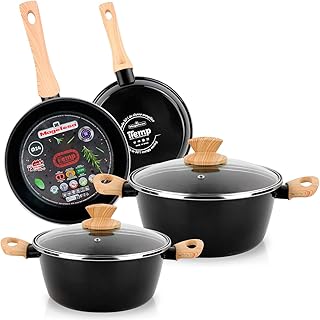 Magefesa Orbe Batería Cocina Inducción 6 Piezas, Antiadherente Libre PFOA Esmalte Exterior Negro, Set Cazuelas Tapa Vidri...