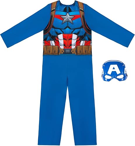 Miniatura 3 de Disfraz oficial de Marvel Capitán América para jóvenes - Mono de tela premium con diseño estampado y media máscara de plástico