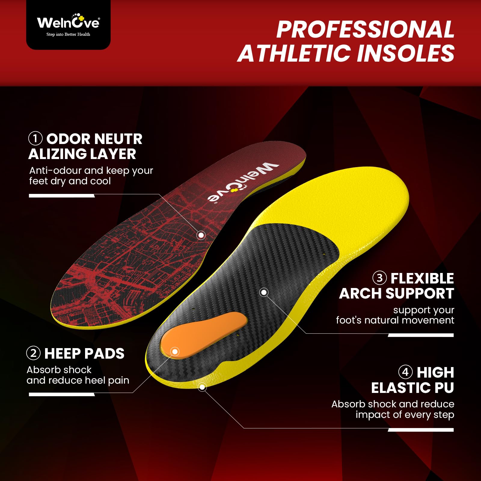 Walk Comfort Insoles - Welnove Pain Relief Insoles with Arch Support Cushion Inserts for Walking, Work & Travel - All-Day Comfort for Standing on Feet,Anti Fatigue - XL
