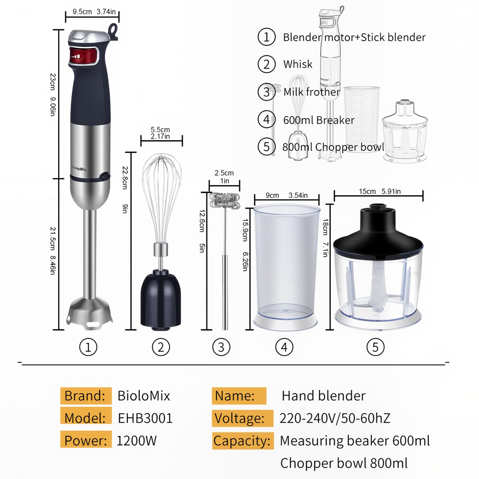 Elektryczny Blender Ręczny 1200W Blender Stykowy 5-W-1 Z Regulacją | Blender Ręczny Z Misą Rozdrabniacza 800ML Kubkiem 600ML Ostrzami ze Stali Nierdzewnej Trzepaczką i Zestawem Spieniacza(A)