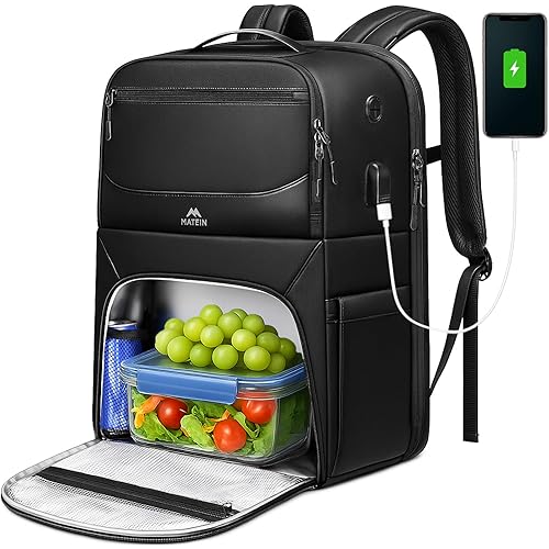 MATEIN Lunch Backpack for Men, Waterproof PU-coated Work Backpack with Lunch Compartment, Large 17 Inch Laptop Back Pack Lunchbox with USB Port, Insulated Cooler Bag for Office Picnic, Gifts for Work