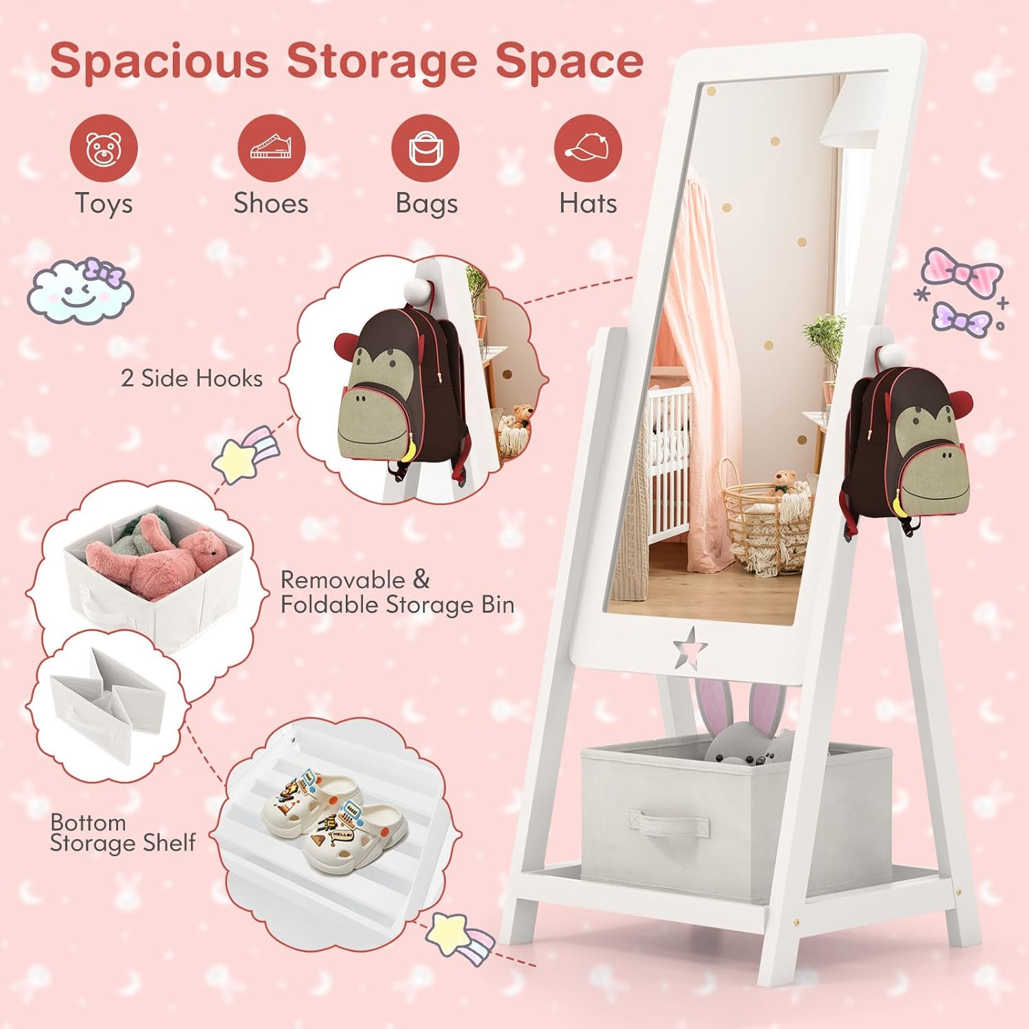 HONEY JOY White Kids Full Length Mirror, Princess Free-Standing Dressing Mirror w/Bottom Shelf & Storage Box, Side Hook, 360 Degree Rotating Wooden Mirror for Little Girls Bedroom, Playroom (White)