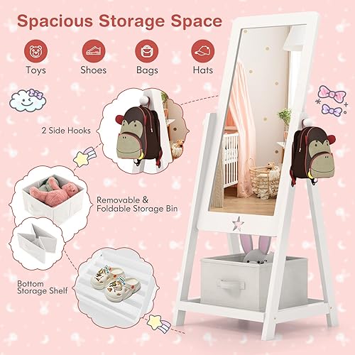 Miniatura 3 de HONEY JOY Espejo blanco de longitud completa para niños, espejo de tocador independiente de princesa con estante inferior y caja de almacenamiento,