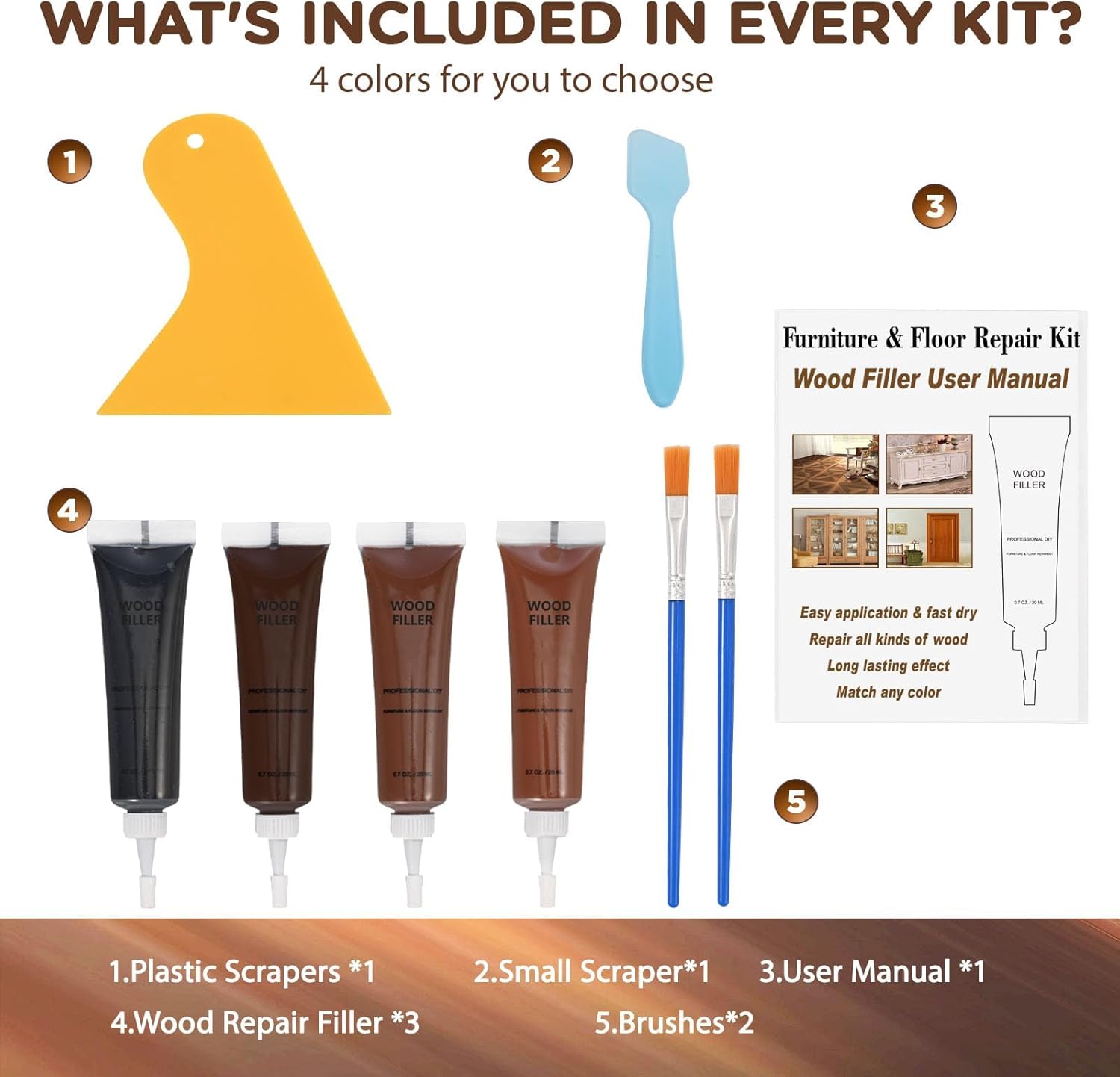 Dark Walnut Wood Filler Kit,4 Color Woods Repair Kit,Scratch Cover for Dark Woods, Repair Cracks, Stains,Hole for Laminate Floor Door Table Cabinet, Restore a Finish for Wood Black,Walnut