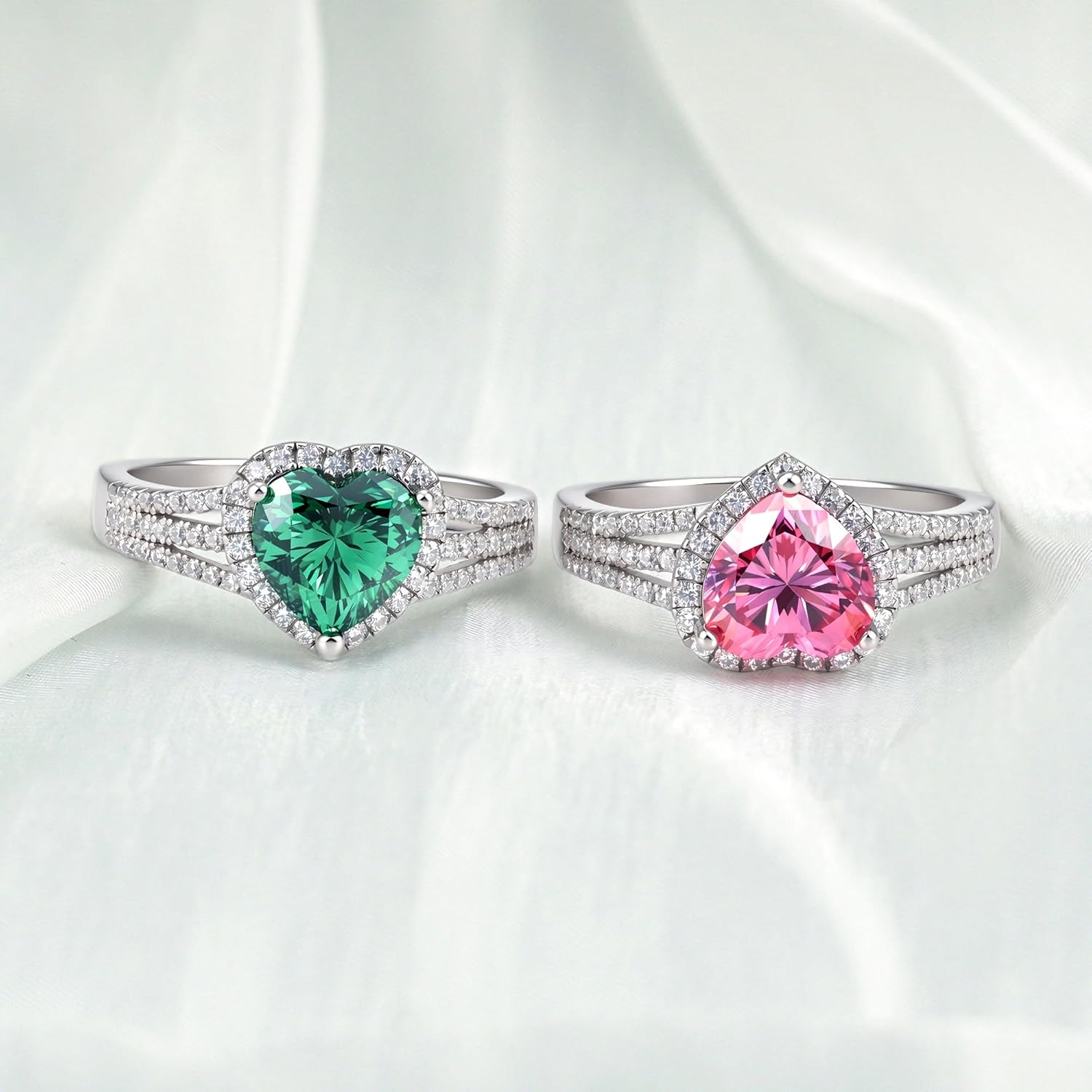 Women's Promise Rings 2CT Heart Cut Moissanite Ring, VVS1 Sterling Silver Anniversary Engagement Rings, Triple Row Band, Available in Green Pink Clear