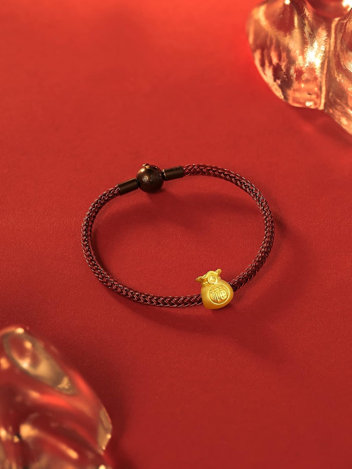 24K Gold Lucky Charm Bracelet for Women Blessing Red Bracelets Protection Jewelry Good Luck Bead Link Chain Cute Fortune Bag Bangle Trendy Braided Rope Feng Shui Pendant Stackable Solid Gold Gifts