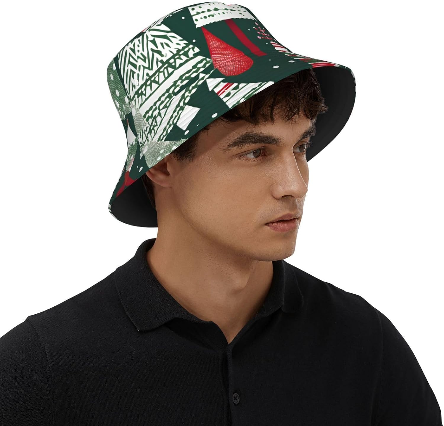 Christmas Trees Print Sun Hat Outdoor Fisherman Cap Summer Bucket Hat Beach for Men Women Black