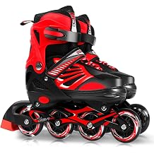Kids Inline Skates for Girls, PU Wheels, ABEC-7 Bearing, Auto Light Up, Adjust Size, Brake, 3 Cones, Bolt, Hex Wrenches, PP + PU + Aluminum Alloy, Black/Red, S/M/L