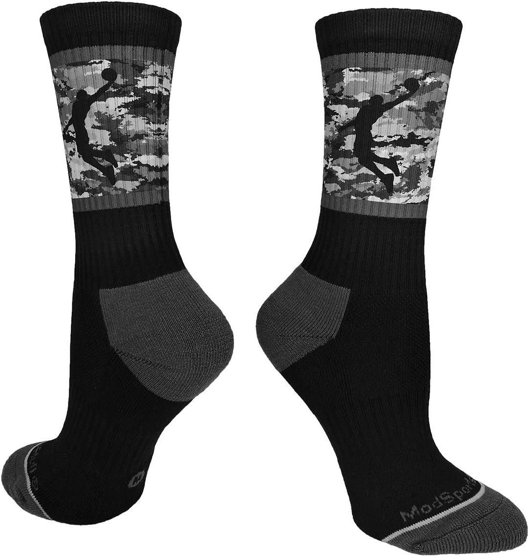 MadSportsStuff Basketball Socks with Player on Camo Athletic Crew Socks (Black/Graphite Camo, Medium)
