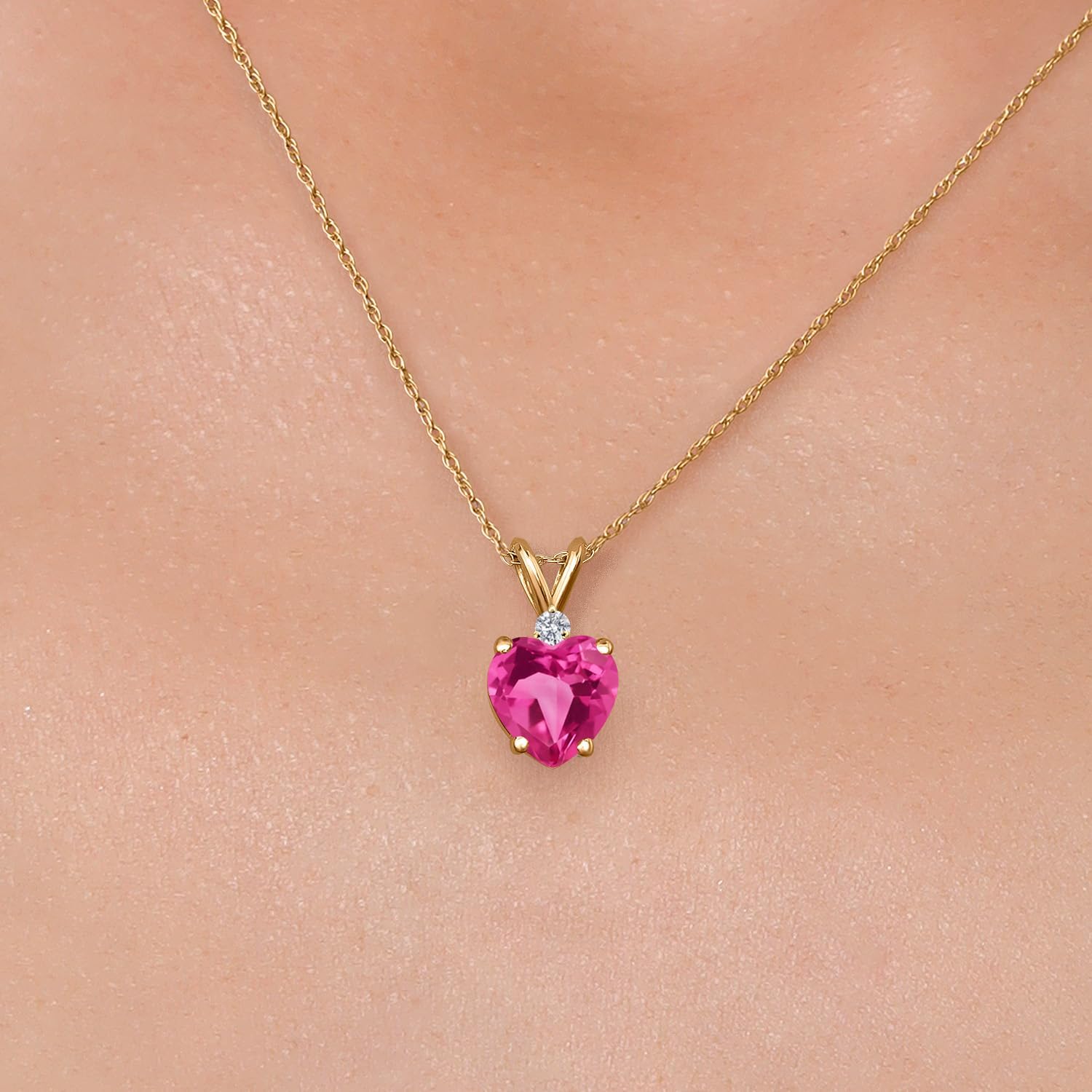 Gem Stone King 14K Yellow Gold Pink Created Sapphire and Lab Grown Diamond Pendant Necklace for Women | 1.84 Cttw | Gemstone September Birthstone | Heart Shape 8MM | With 18 Inch Chain - Image 3
