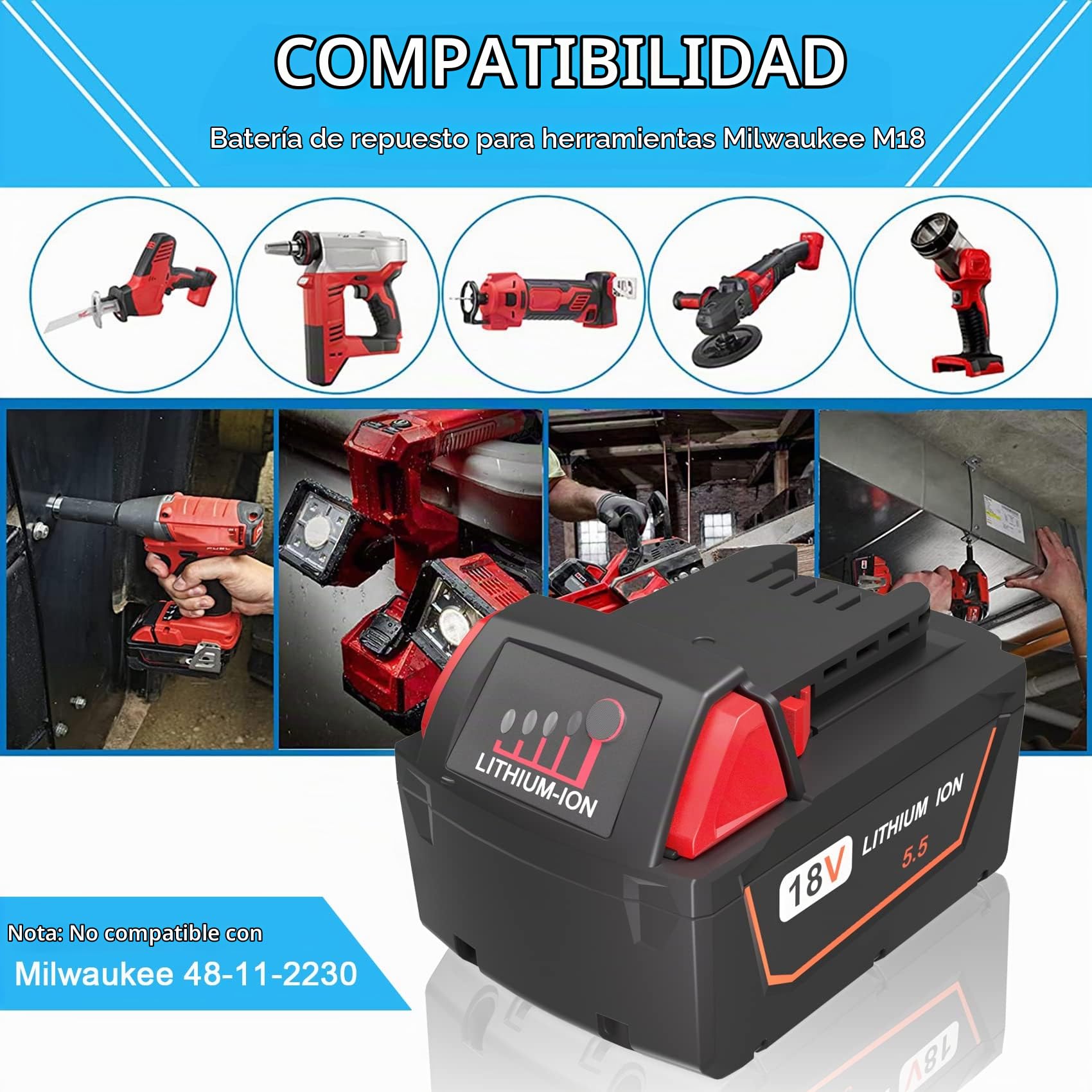 2X 5.5Ah M18 Batería para Milwaukee 18V Herramientas Eléctricas | Recargable, lithium bateria con Indicador LED, Alta capacidad, para Milwaukee M18 Bateria 48-11-1850 48-11-1812
