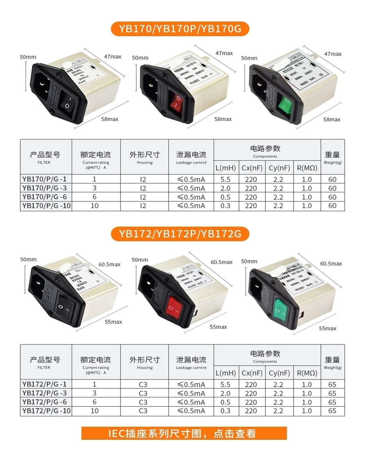 YB170G Netzfilter mit Steckdose Sicherung Schalter 220V 250V