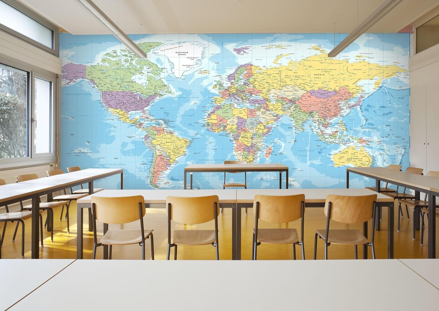 - World Map 3D Print Wallpaper, Geographical Theme Removable Self-Adhesive Wall Sticker/Wall Mural for Restaurant Hotels Modern Living Room Home Decoration 96''Wx66''L-PVC