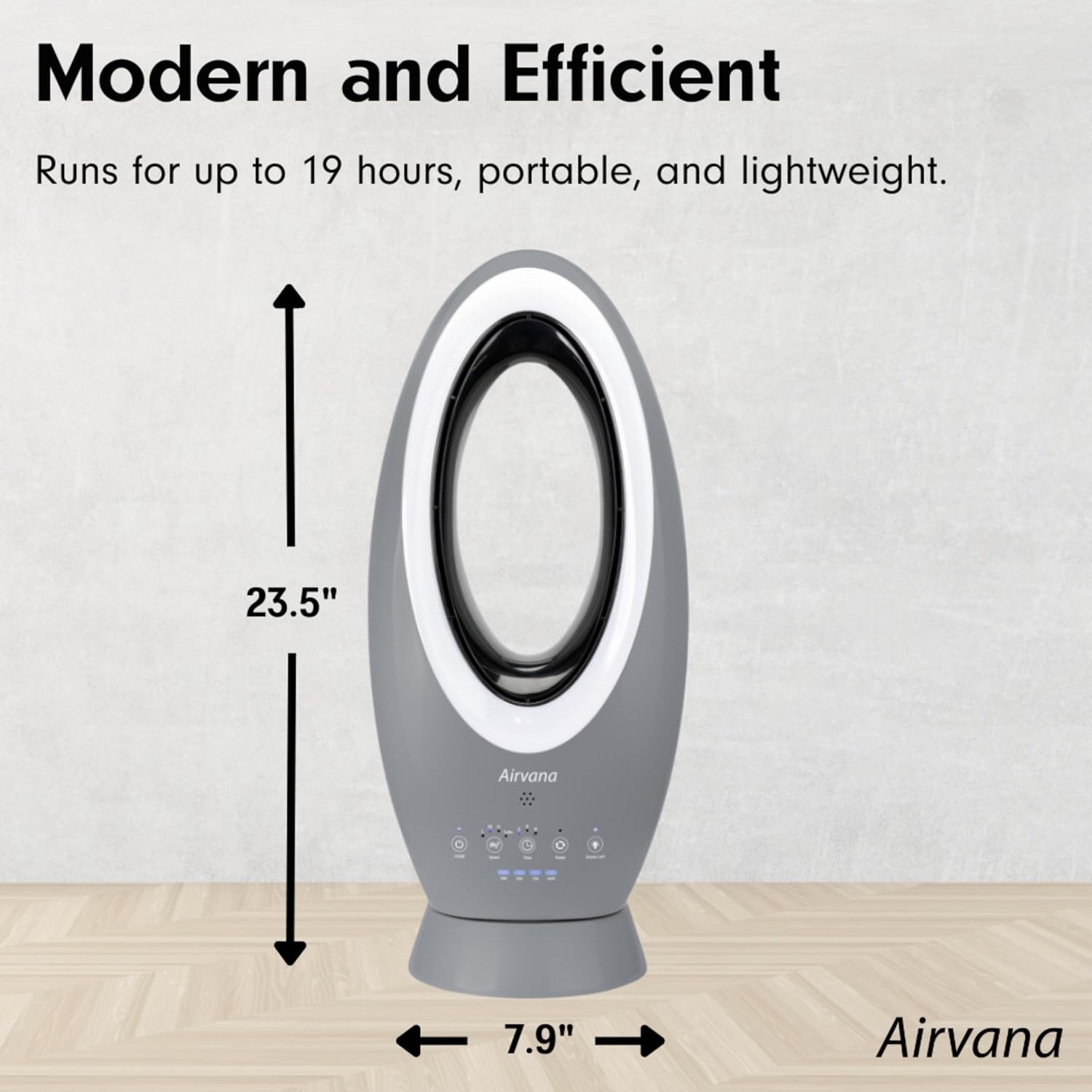 Diagram showing the dimensions of the Airvana Bladeless Fan: 23.5 inches height and 7.9 inches width.