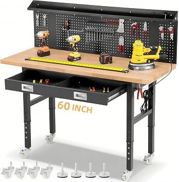 ENJOYWOOD Work Bench with Wheels 60 x 22 Inch Heavy Duty Rubberwood Tabletop Work Table Adjustable Height Garage Workbench with LED, Drawers, Pegboard, Power Outlets for Woodworking Shop, Home, Office