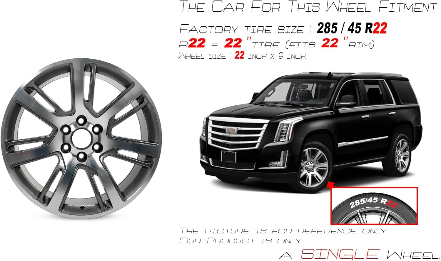 For Cadillac Escalade ESV OEM Design Wheel 22" 2015-2017 Machined Grey Single Replacement Rim