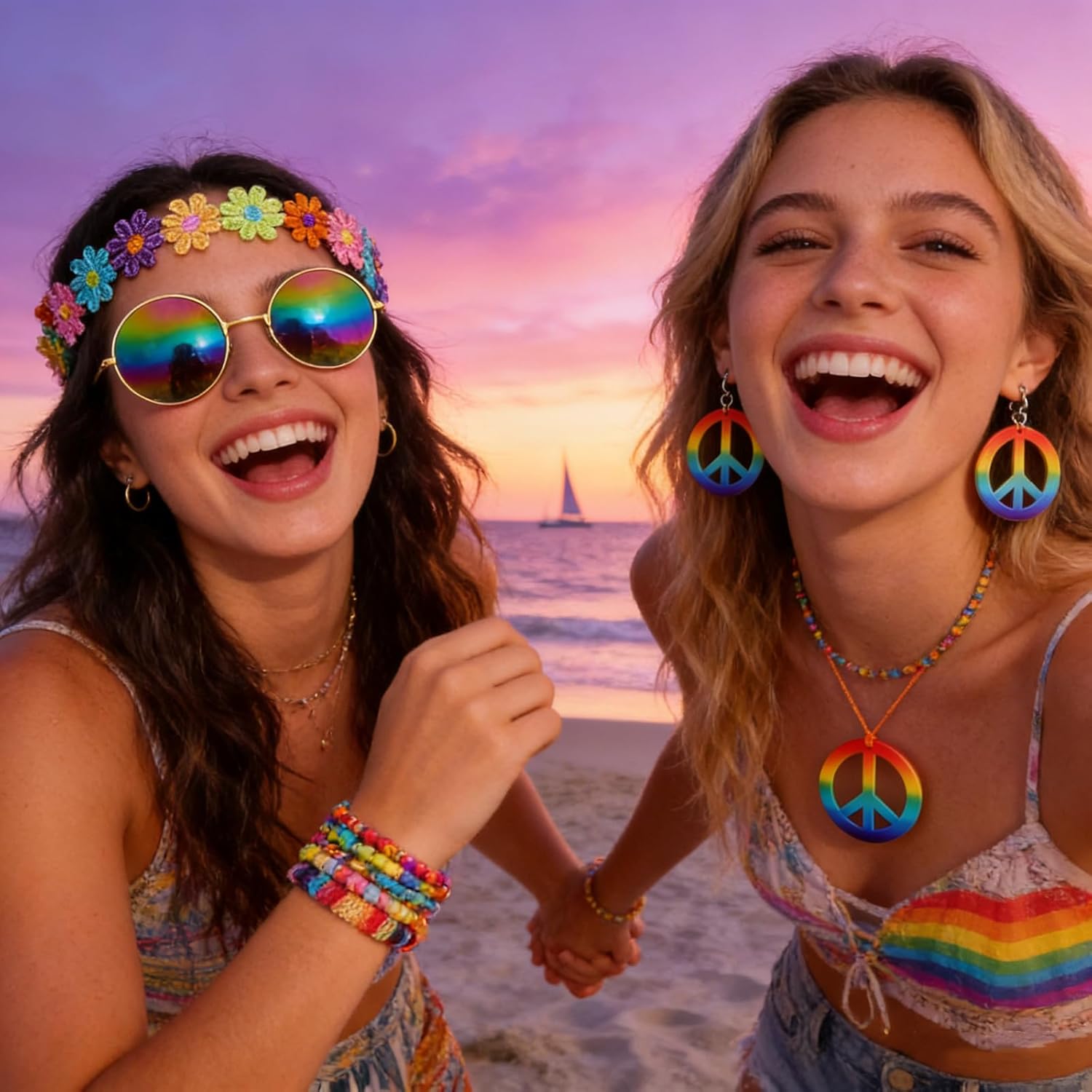 5 Pcs Hippie Costume Accessories Set Women, 60s 70s Party Dressing Accessory Peace Sign Necklace Party Decorations for Party - Image 7