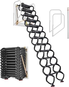 VEVOR Attic Ladder Wall-Mounted, 660LBS/299.4KG Capacity, Fits 9.5 to 10 ft Ceiling Height, 12-Step Steel Folding Stairs with Handrails, Pull Down Attic Ladders for Attics, Garages, Roofs, Basements