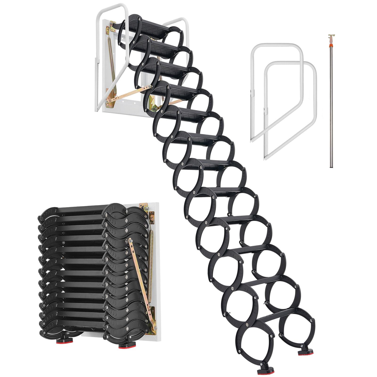 VEVOR Dachbodenleiter zur Wandmontage, Tragkraft 299,4 kg, passend für Deckenhöhen von 2,9 bis 3,05 m, 12-stufige Stahl-Scherentreppe mit Handläufen, für Dachböden, Garagen, Dächer, Keller