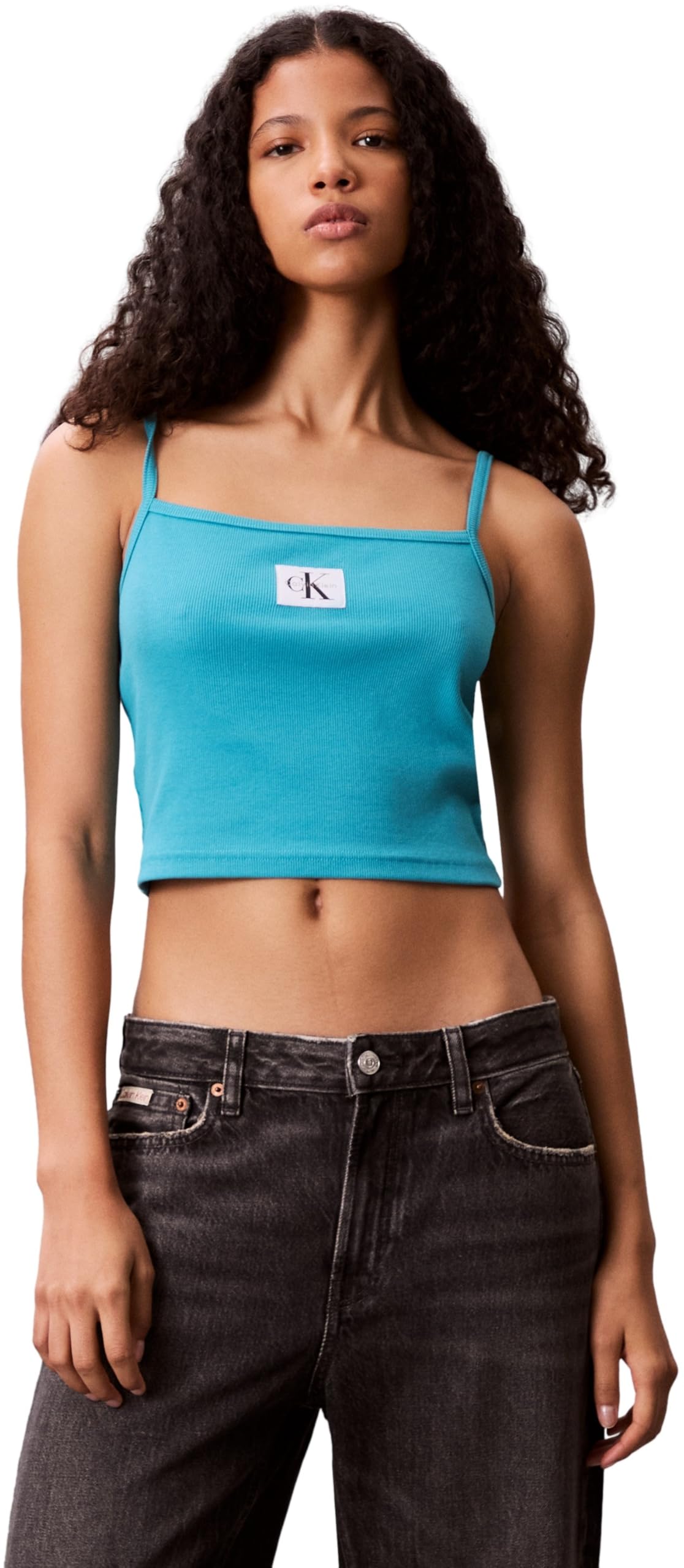 Calvin Klein Women’s Woven Label Rib Tank Top, Turquoise (Tuscan Teal), M