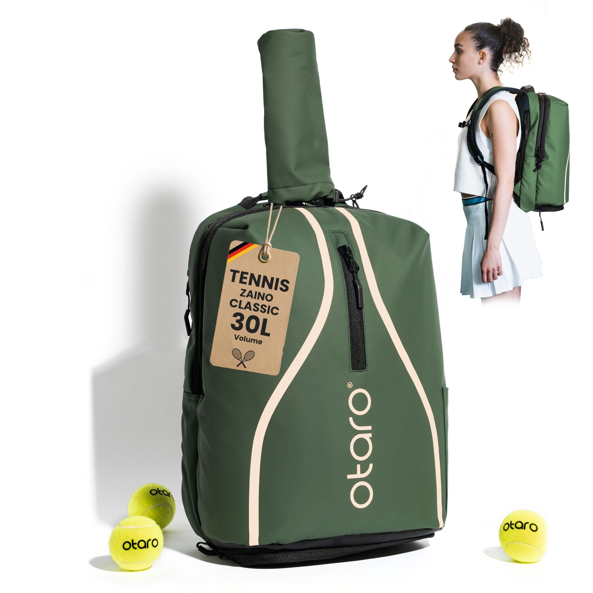 Otaro Zaino Tennis | Zaino con porta scarpe, scomparto per laptop e scomparto per 2 racchette | Zaino sportivo | Porta racchetta tennis | Borsa tennis con copertura antipioggia e sacca per biancheria