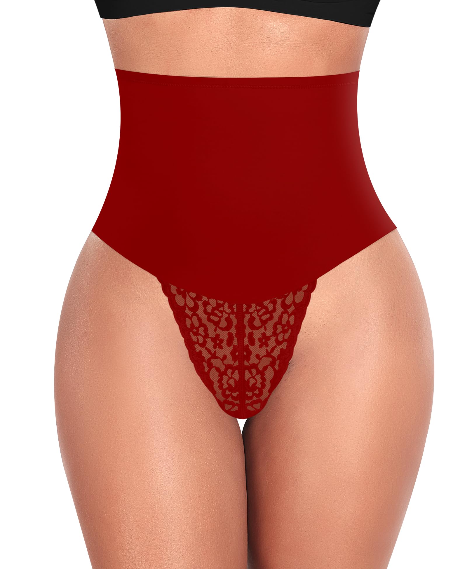 Werena Tummy Control Thong Shapewear for Women Mid High Waisted Body Shaper Underwear Lace Shaping Thong Girdle Panties(#A1 Mid Rise Red,XX-Large)