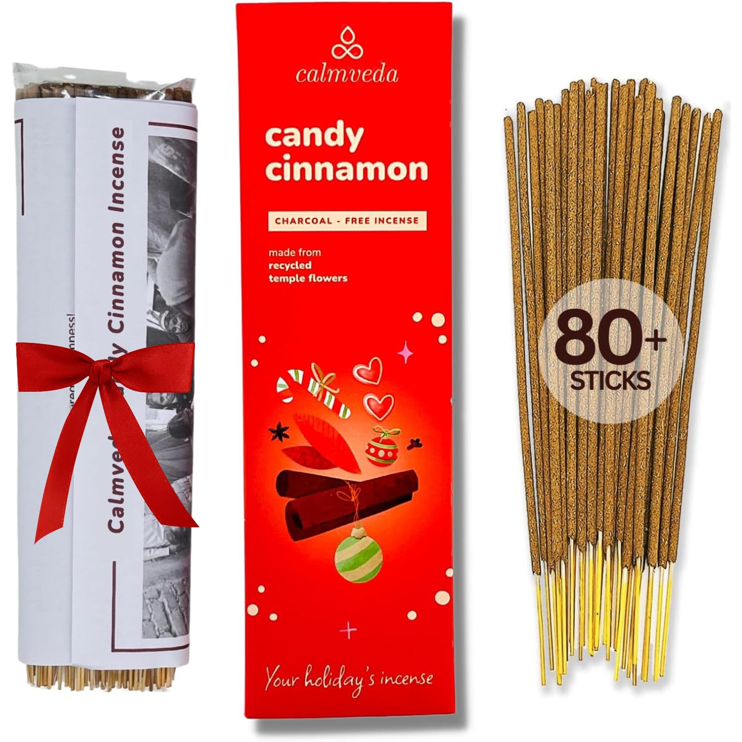 Christmas Candy Cinnamon Incense Stick - (80 Sticks) Spicy, Creamy Vanilla and Flavorful Tangerine | Charcoal Free, Made from Upcycled Flowers | Fall Incense Sticks for Holiday Fun