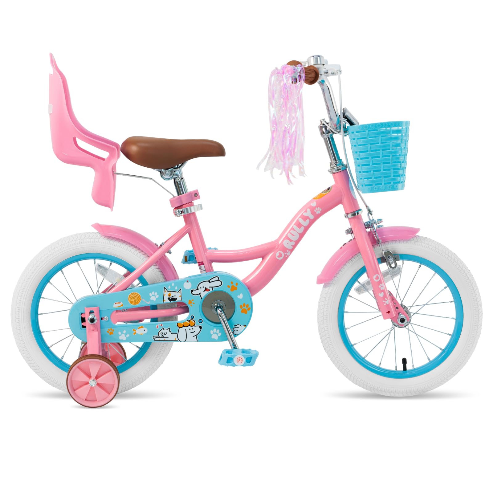 RULLY 16 Inch Girls Bike for Ages 4-6, Princess Kids Bicycle with Doll Seat, Training Wheels, Basket & Colorful Streamers, Pink