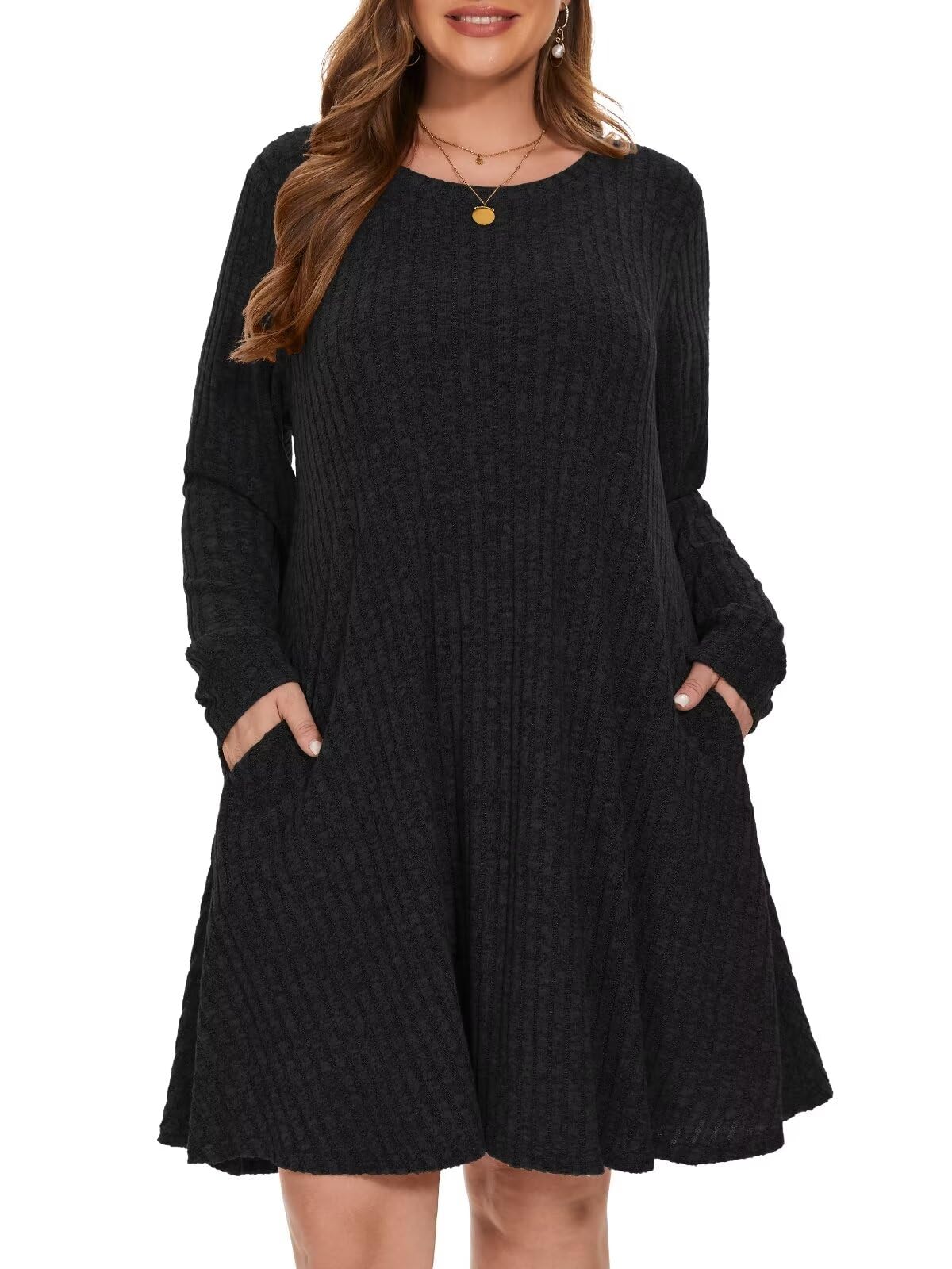 BELAROI Sweater Dress Plus Size Long Sleeve Ribbed Knit Crew Neck Casual Flowy Swing Tunic Pockets Dresses Fall