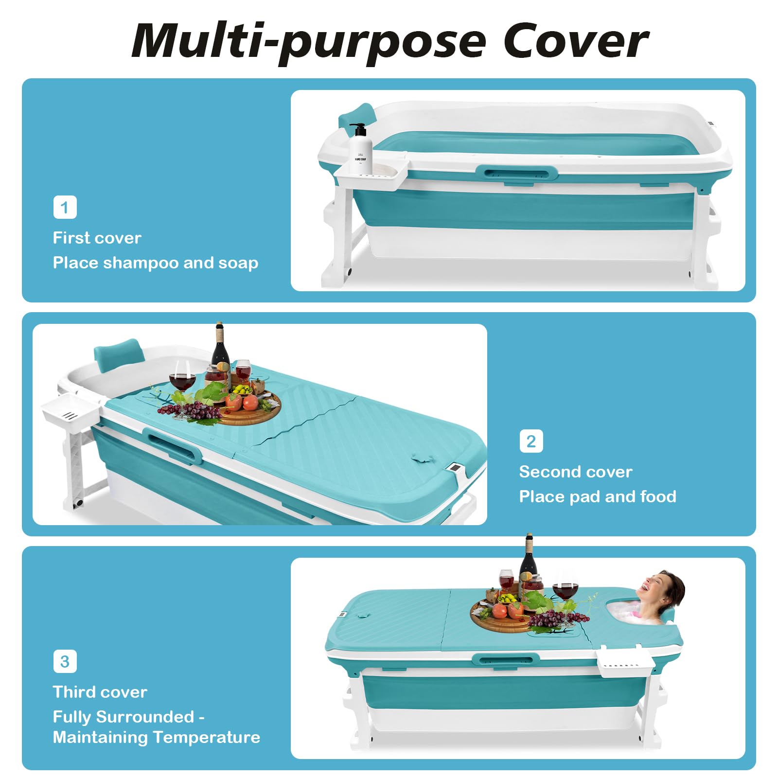 Baignoire Pliable pour Adulte - 132 x 64 x 54 cm - Mobile Avec Couvercle - Panier à Savon Portable - Roulettes de Massage - Idéal pour Petites Salles de Bains