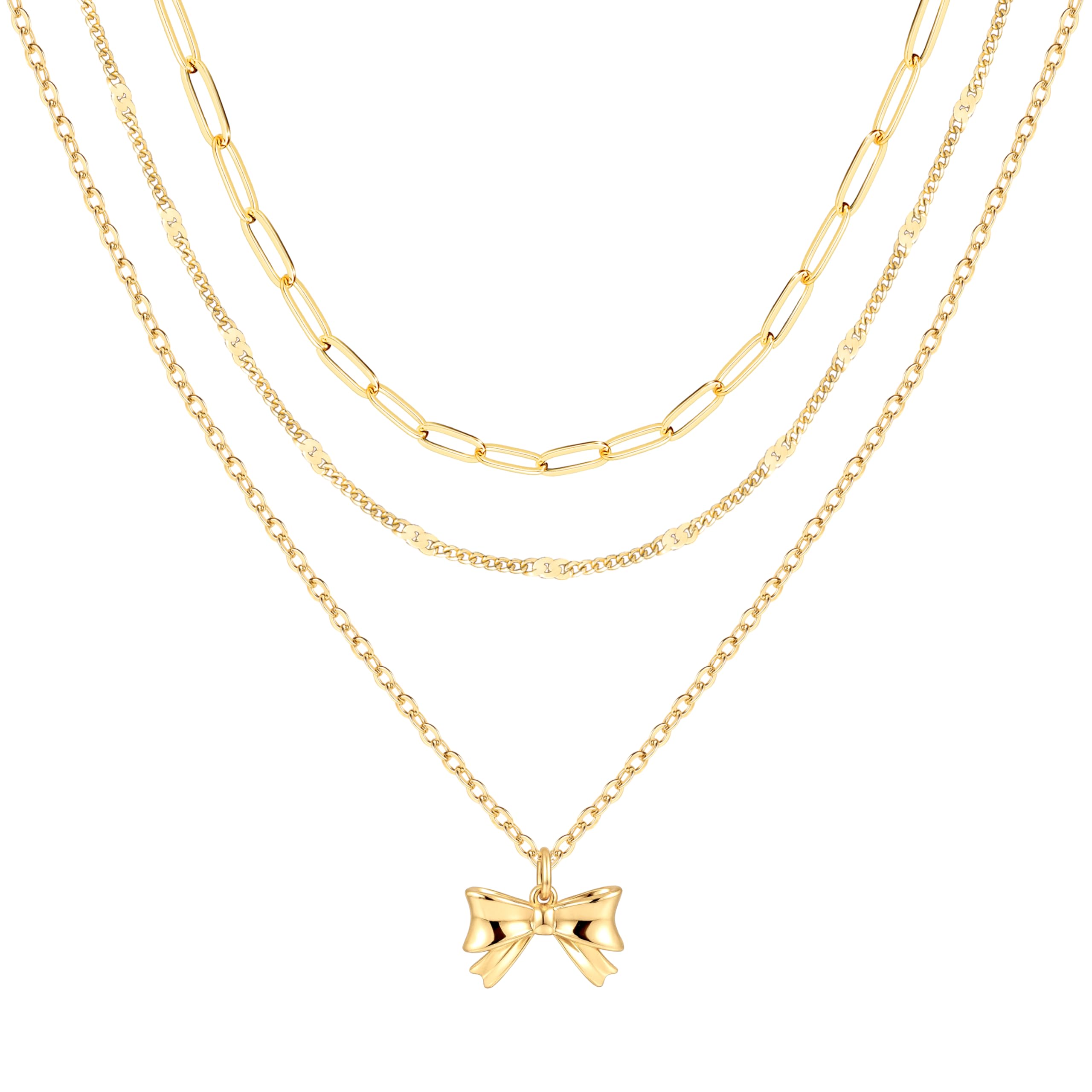 Layered Gold Necklaces for Women,Stackable Dainty 14K Gold Silver Plated Trendy Circle Paperclip Chain Pendant Choker Necklace,Simpl Diamond Cross Bow Jewelry Set Gifts for Women