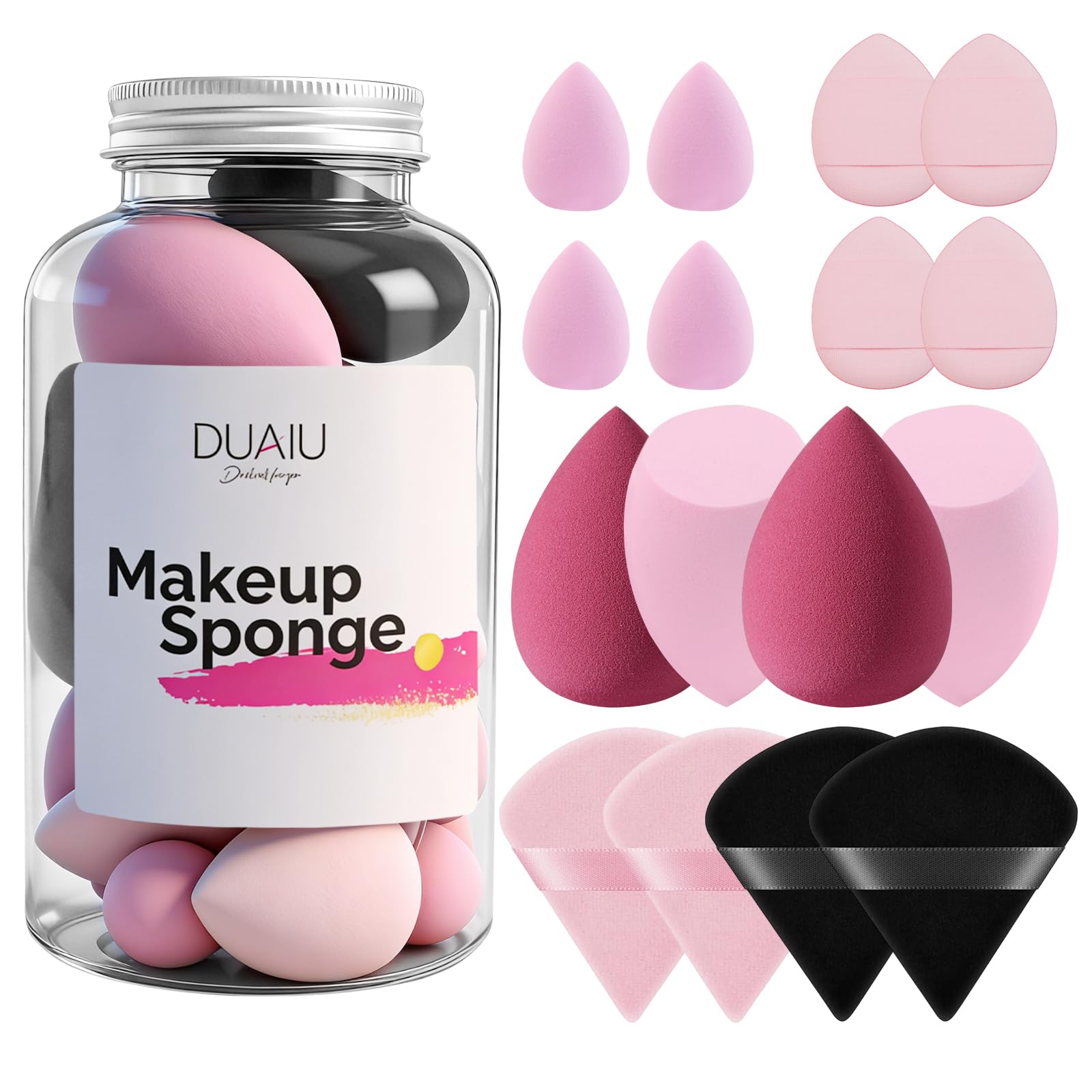 DUAIU 16 PCS Makeup Sponges Set, Beauty Blenders & Powder Puffs for Foundation, Cream, Powder, Face Makeup Sponge Kit with Blender, Triangle Puff and Mini Make up Sponges for Wet Dry Use (Pink)