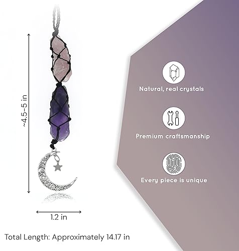 Miniatura 3 de Boho Garden - Dije colgante para automóvil, Cuarzo rosa, amatista, Luna colgante, accesorios de cristal curativo, Decoraciones de espejo retrovisor,