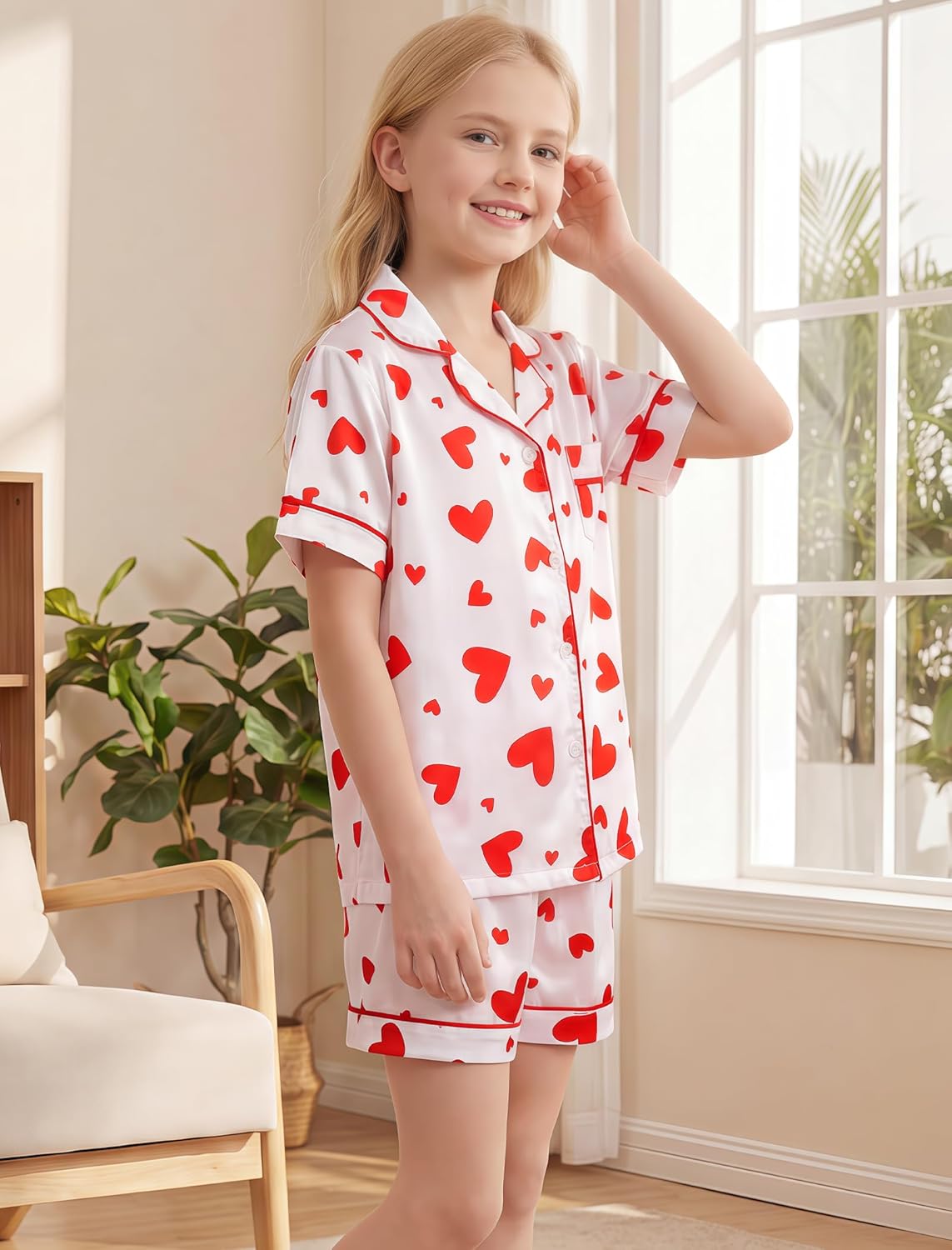 Mikrdoo Girls Pajamas 2 Piece Summer Soft Silk Satin Short Sleeve Pajama Set Cute Pjs Sleepwear for Kids Size 6-16 Years - Image 3