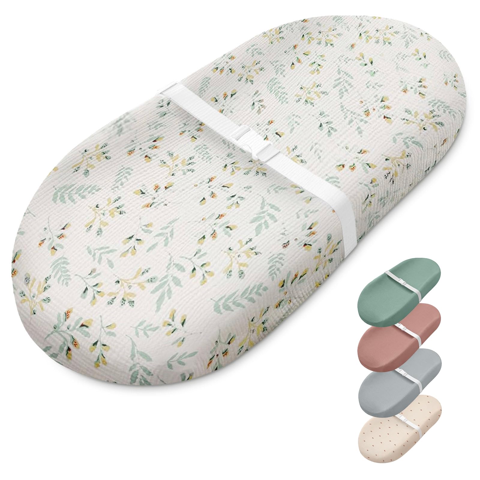 Cambiador de muselina Blissful Diary para bebé con forro impermeable, cambiador de espuma con funda para tocador, diseño de hojas botánicas y aguacate.
