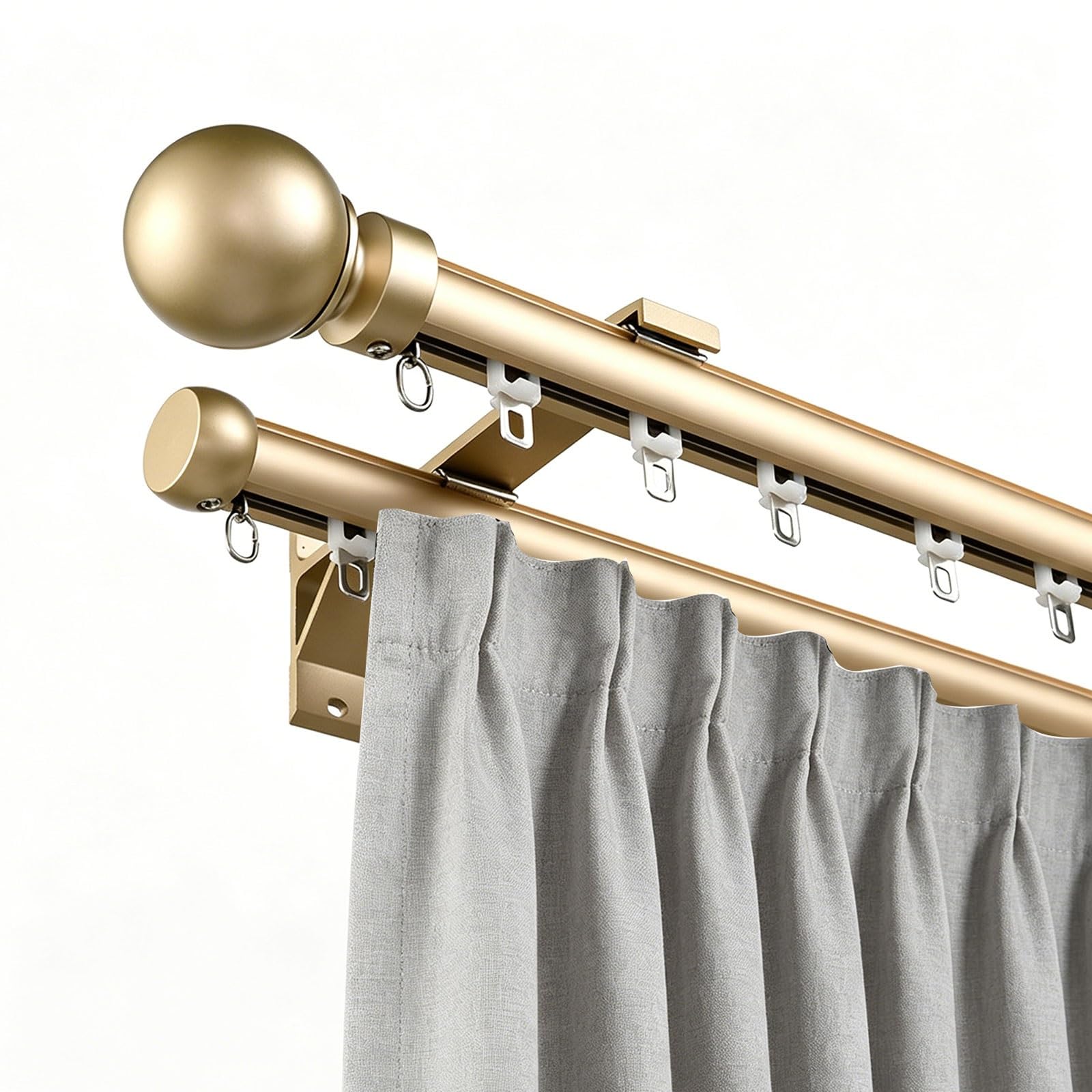 Jixcjhj Gold Double Curtain Track For Windows, Wall Mounted Silent Heavy-Duty Aluminum Curtain Rail Rod Decorative Round Finials For Living Room, Bedroom, Office(,1M/3.3Ft)