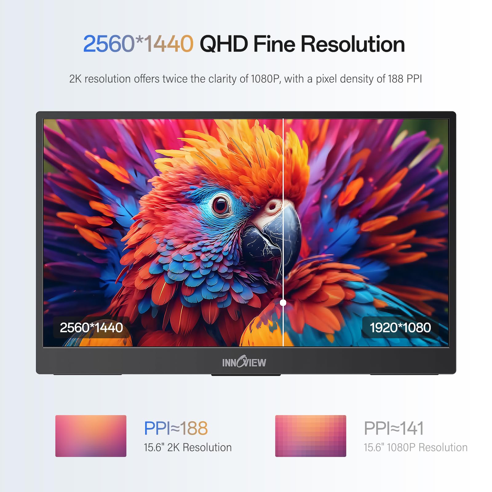 InnoView 2K Portable Monitor 15.6" QHD 100% sRGB, Built-in 180° Adjustable Stand Travel Monitor USB C Standard HDMI Ultra-Slim Portable Monitor for Laptop MacBook Phone PS5 Xbox Switch view 3
