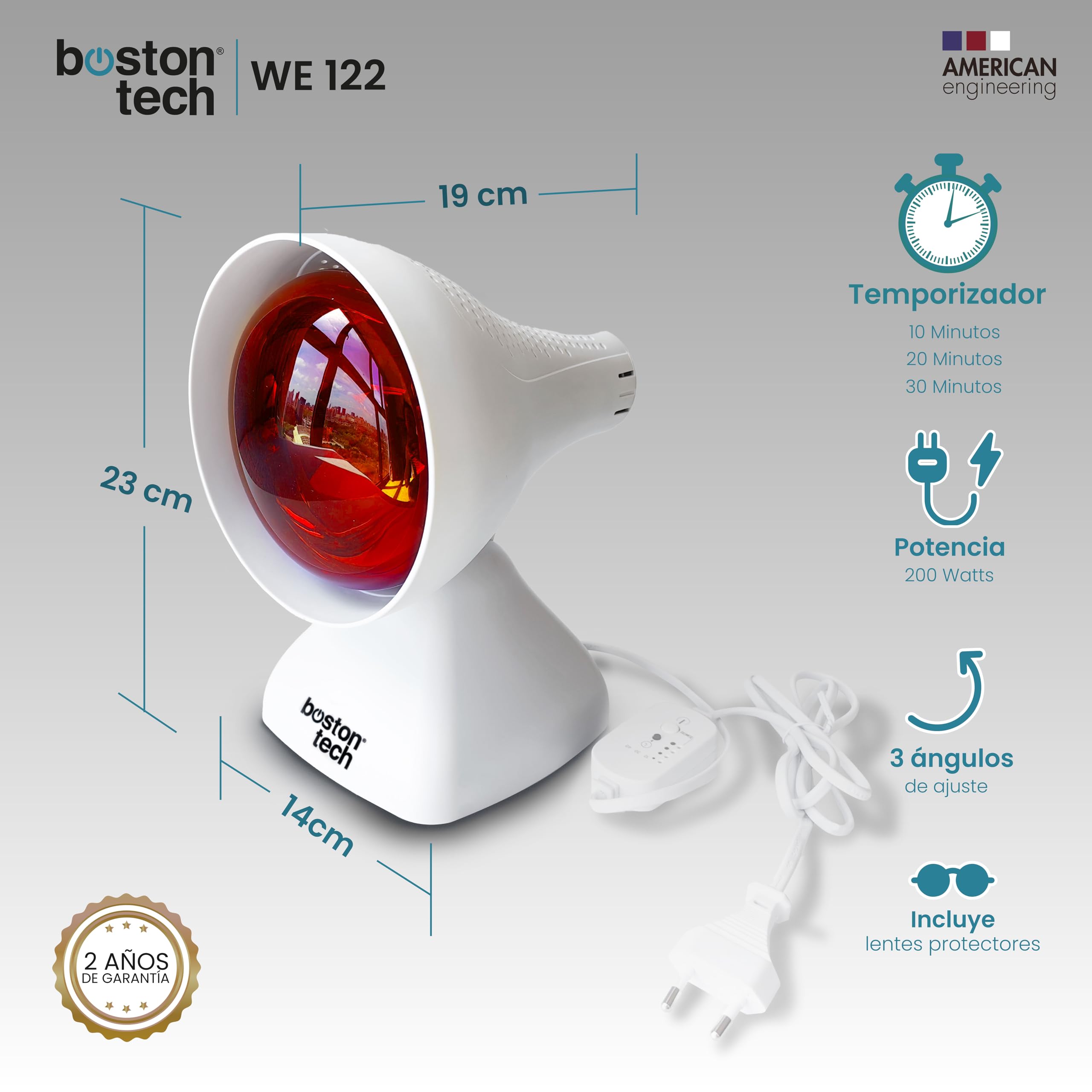 Boston Tech WE122 Lámpara de infrarrojos sobremesa fisioterapia dispositivo Termico potencia 200W alivio dolores y tensiones musculares 3 niveles de inclinación Temporizador y proteccion ocular.