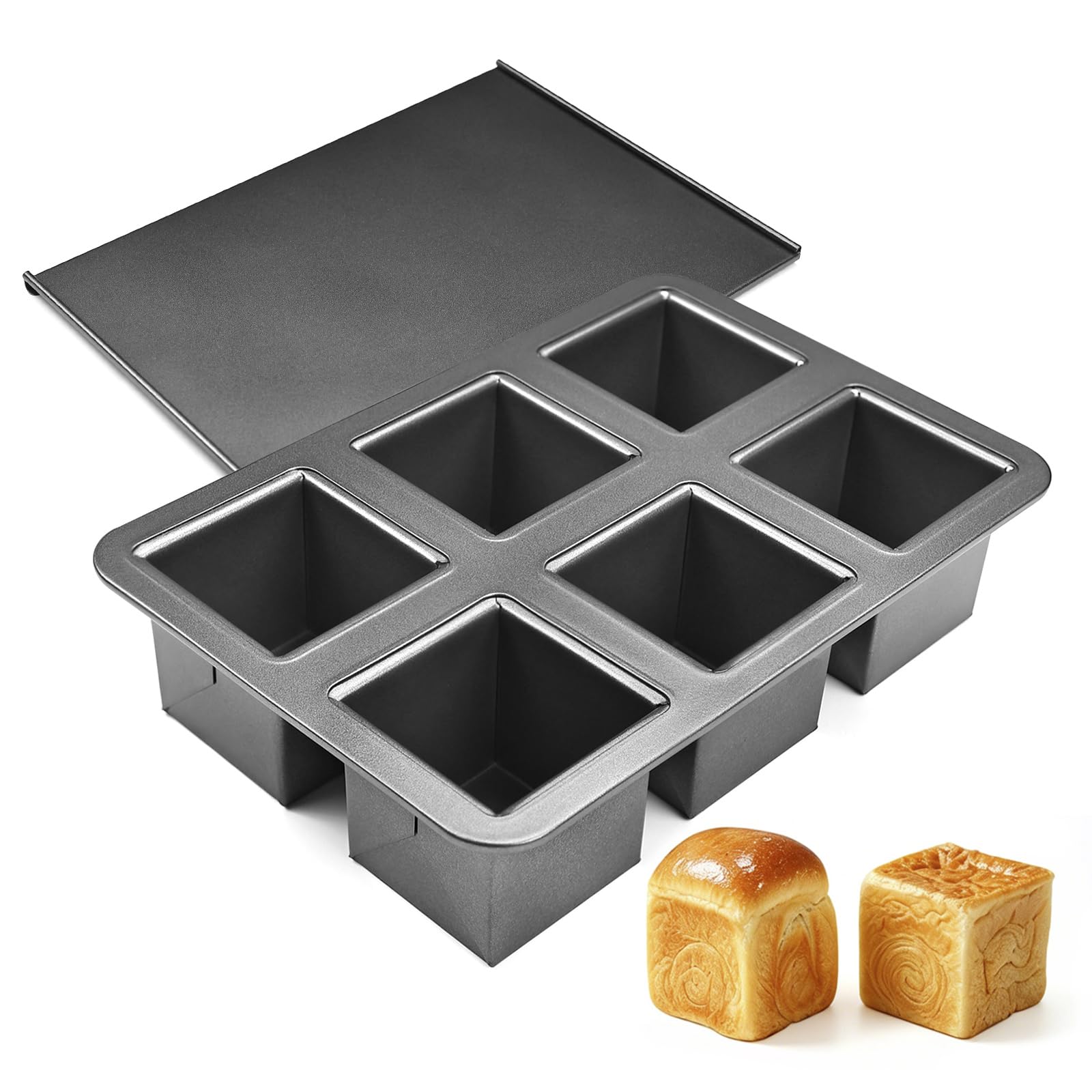 Elesinsoz Mini Pullman Loaf Pan with Lid, 6-Cavity Nonstick Square Bread Baking Pan, Carbon Steel Loaf Toast Box Mold with Cover for Homemade Bread Meatloaf Cake
