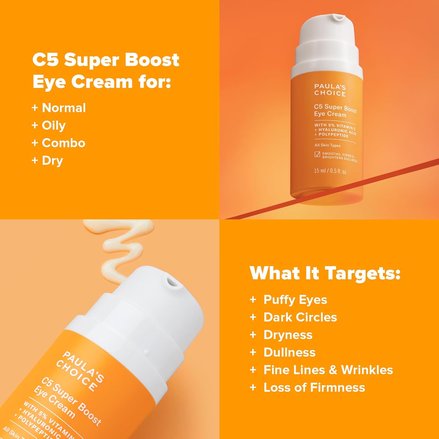 Paula's Choice C5 Super Boost Eye Cream for Dark Circles, Puffy Eyes, Fine Lines & Crow’s Feet, Eye Repair Cream with 5% Vitamin C, Hyaluronic Acid & Peptides, Fragrance Free, 0.5 ...