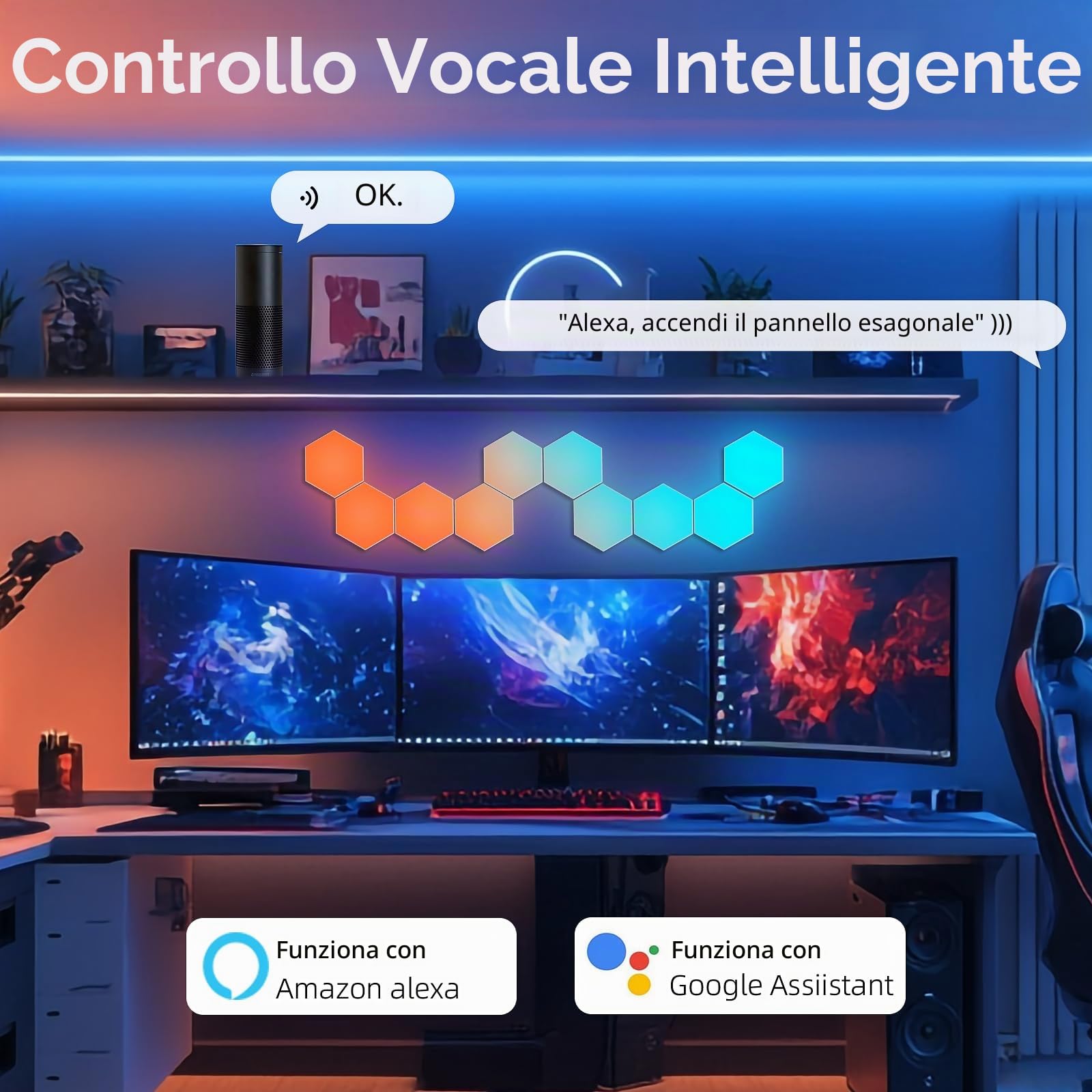 Pannelli da parete a LED esagonali, 10 pezzi, app intelligente, lampade da parete esagonali a LED, sincronizzazione musica, gaming, funziona con Alexa, per soggiorno, sala giochi (10)