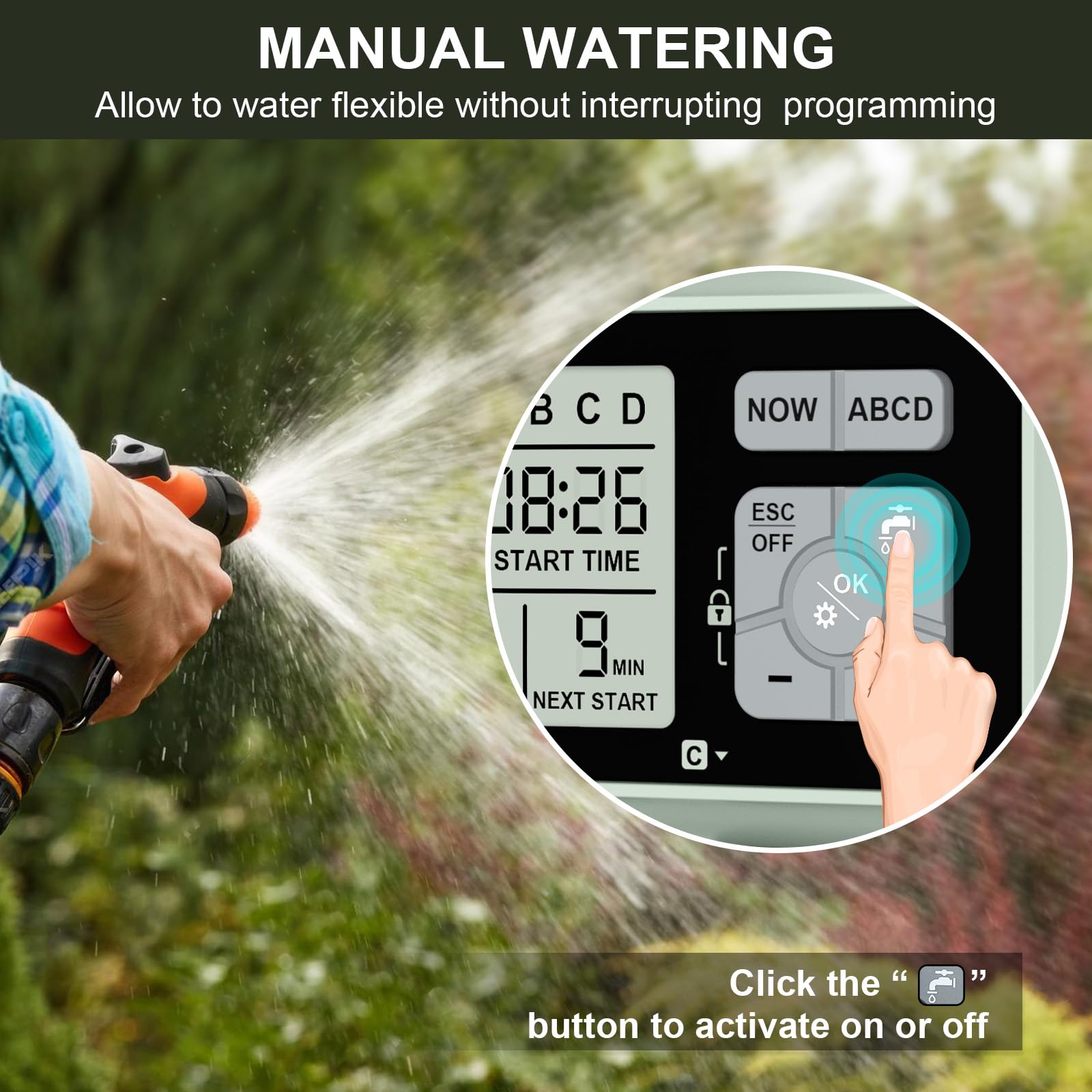 Temporizador de Riego de 4 Zonas con Entrada de Latón, Temporizador de Aspersor, Temporizadores Programables para Grifo de Manguera de Jardín Exterior con Retardo de Lluvia/Manual/Automático Sistema