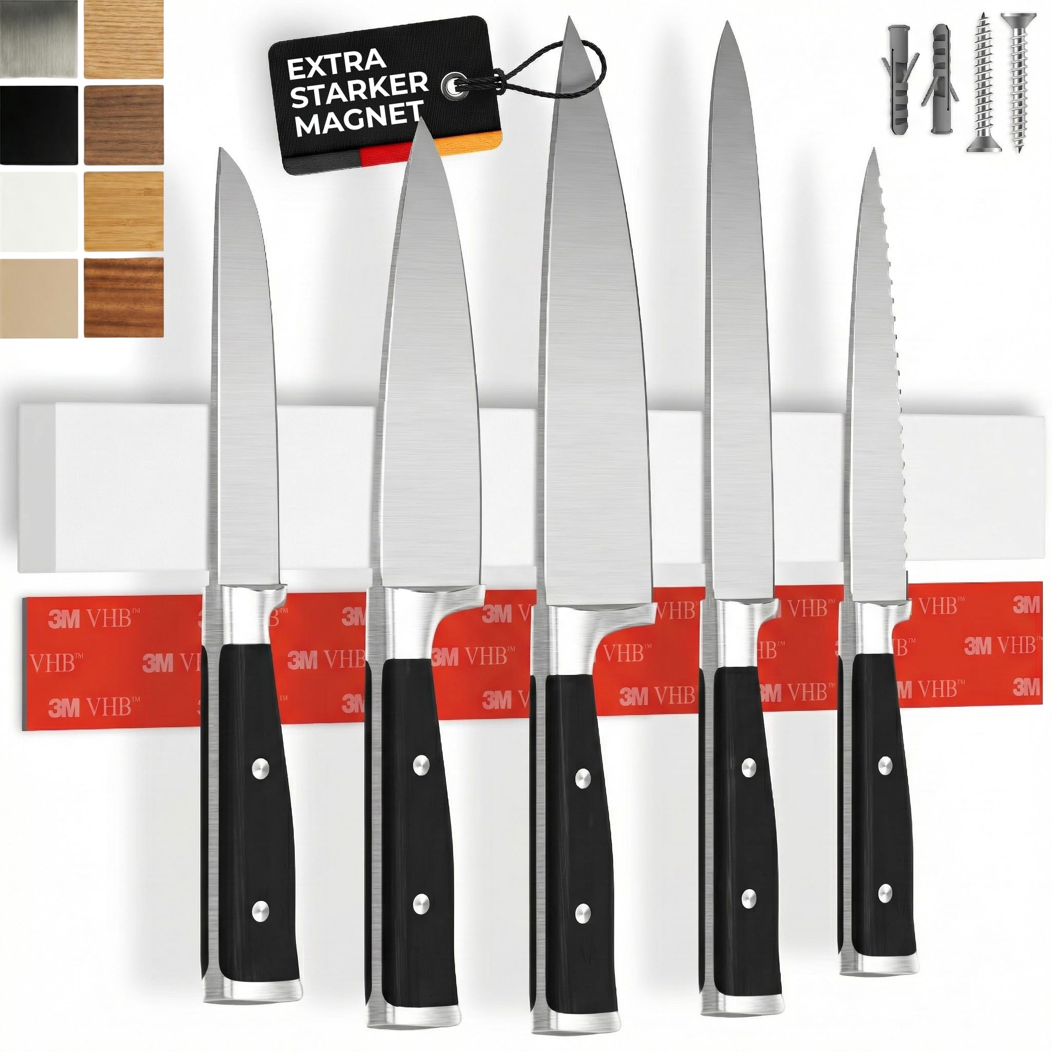 CUCINO Messer Magnetleiste selbstklebend - Vergleichssieger mit extra starkem Magnet - Einfache Montage mit 3M Klebeband ohne Bohren, White-Rubber 40cm